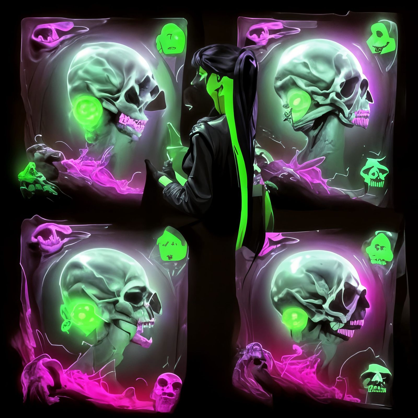 Electrified Skull with Neon Green Tint, Holographic Illustra...