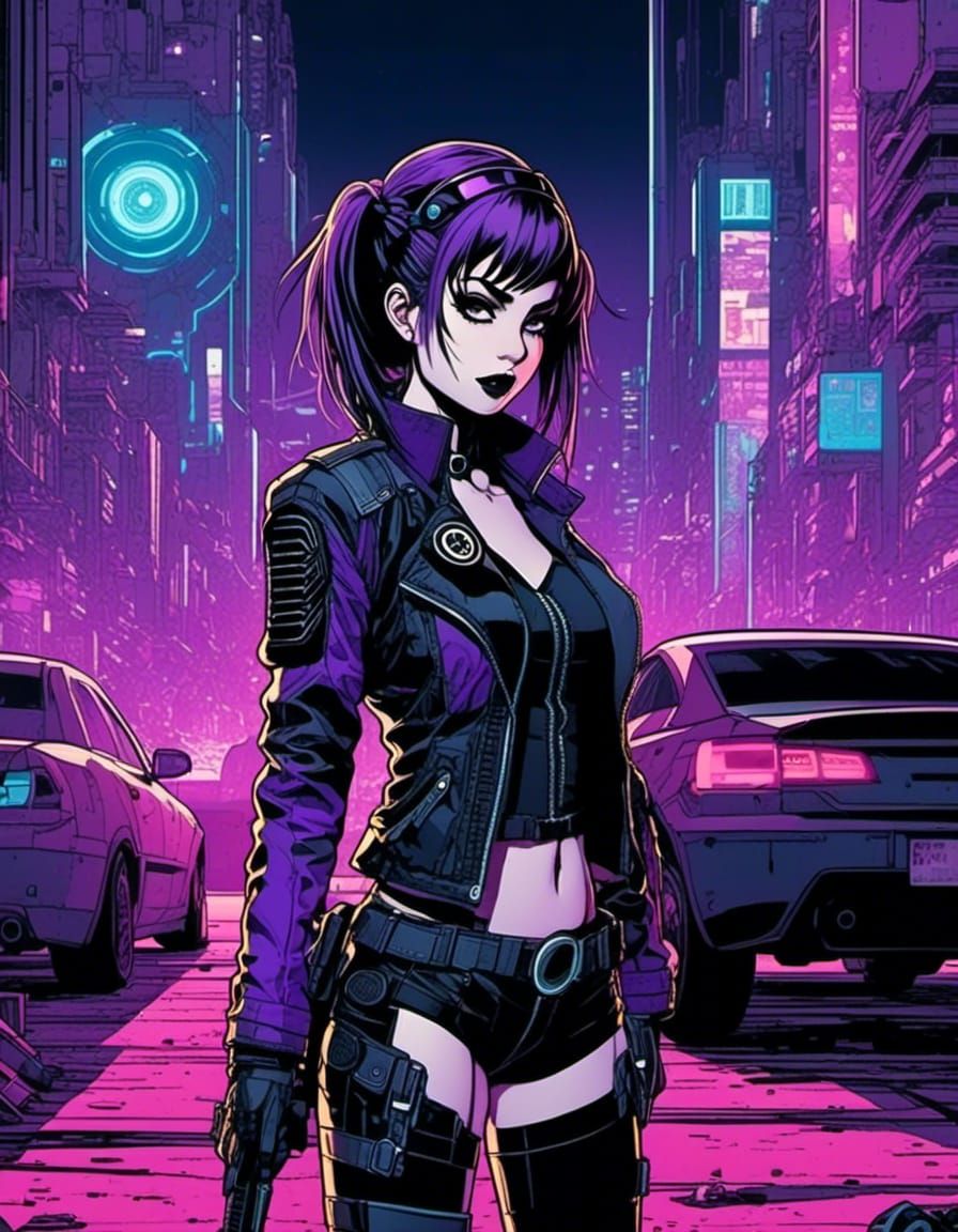 comic Anime elevated view of female Goth cyberpunk in city parking lot at night. Black, purple with steel <lora:Gridimat...