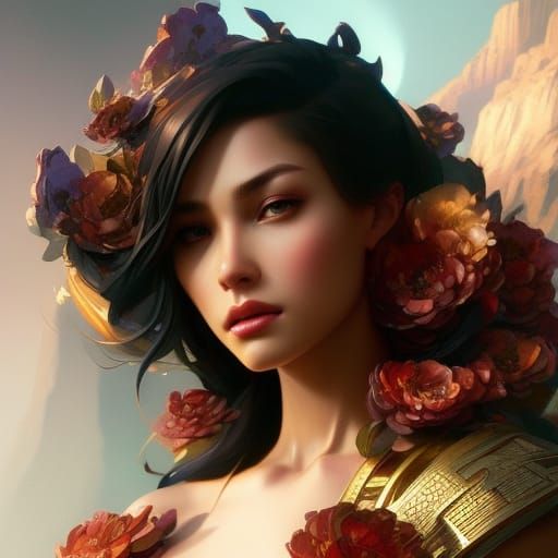 young beautiful mbya woman with flowers, 8k resolution conce...