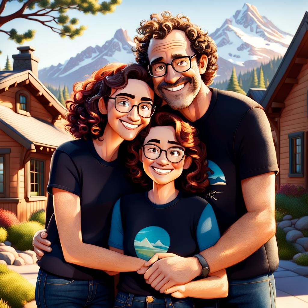 Pixar-Inspired Family Portrait in Mountain Setting