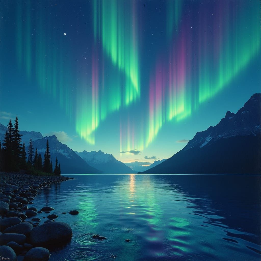 Aurora Borealis Over Serene Lake in Romantic Style