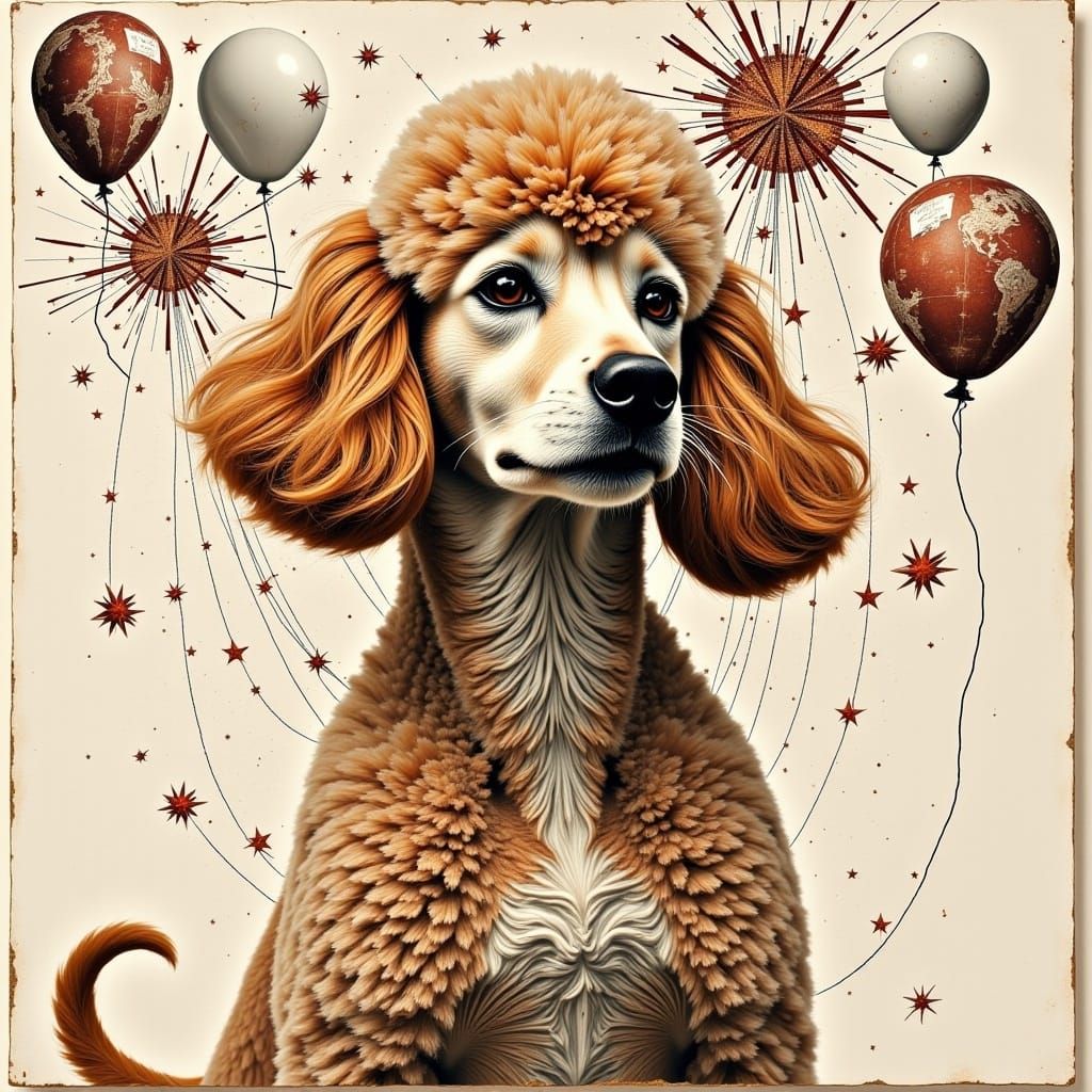 Dada Collage with Poodle Portrait and Balloons