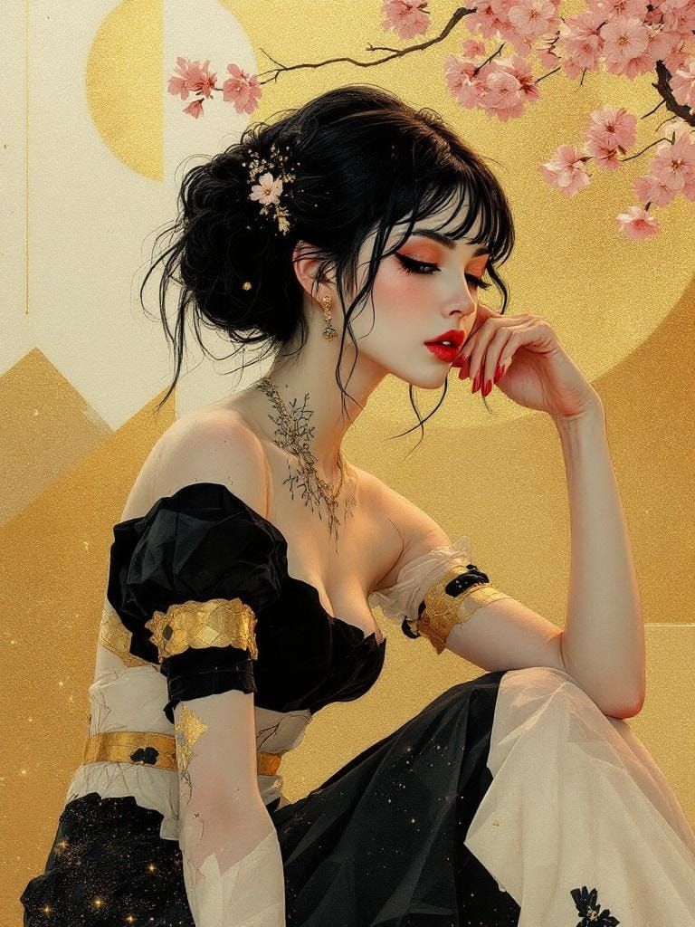 Geometric Pin-Up in Dreamlike Garden, Kuvshinov Amano Style