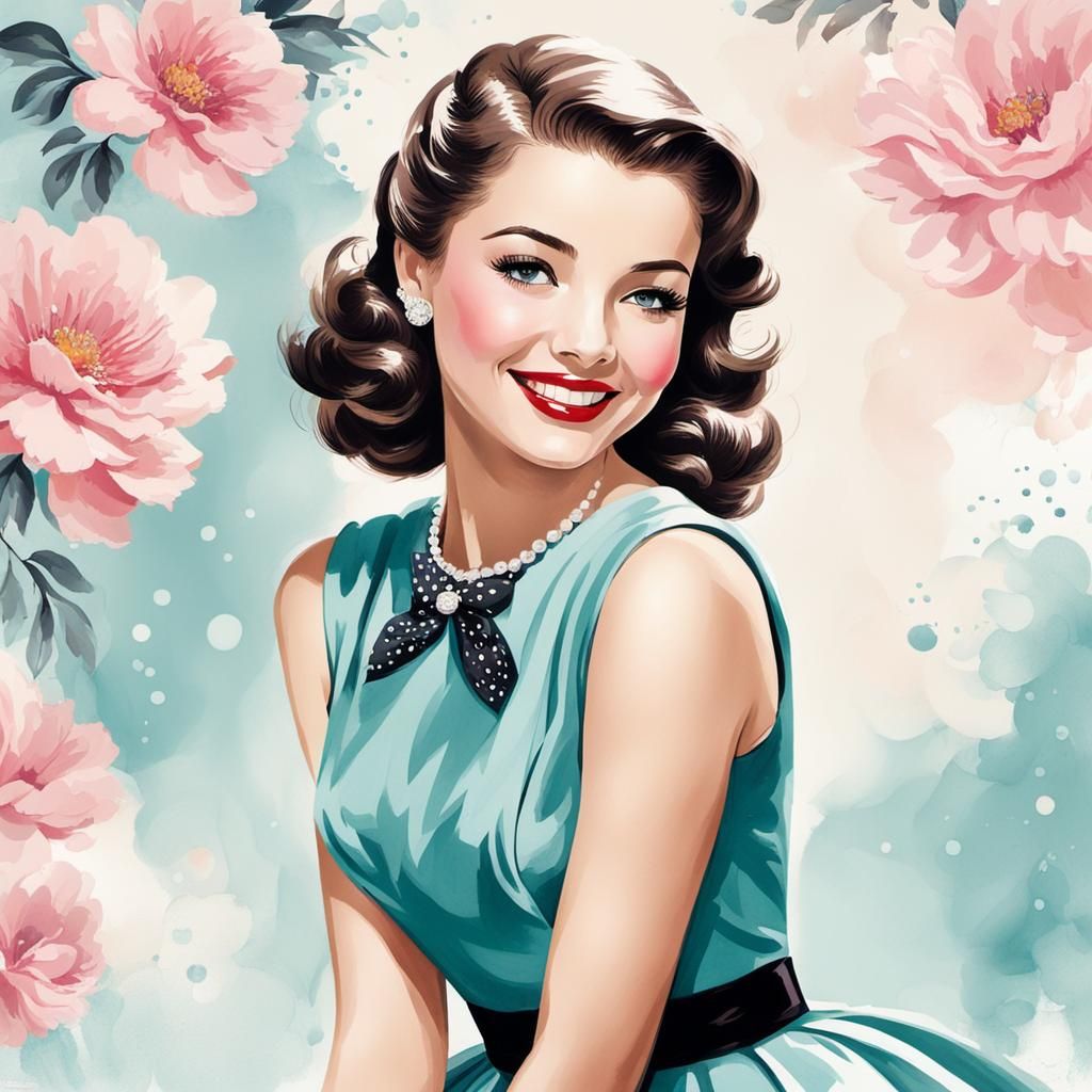 Charming Girl in 50s Dress: Sumi-e Style Illustration