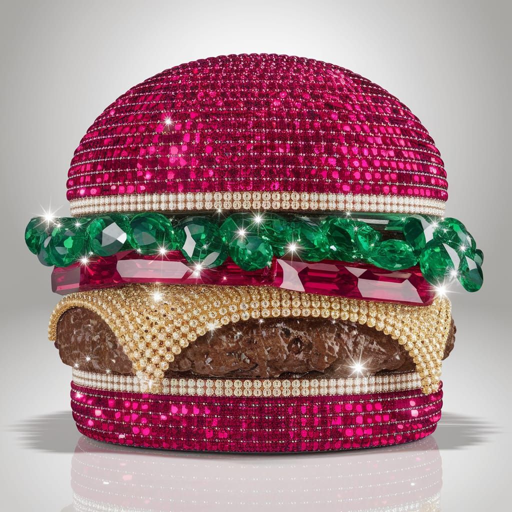 Luxurious Jewel-Toned Burger Art Piece in High-End Fashion S...