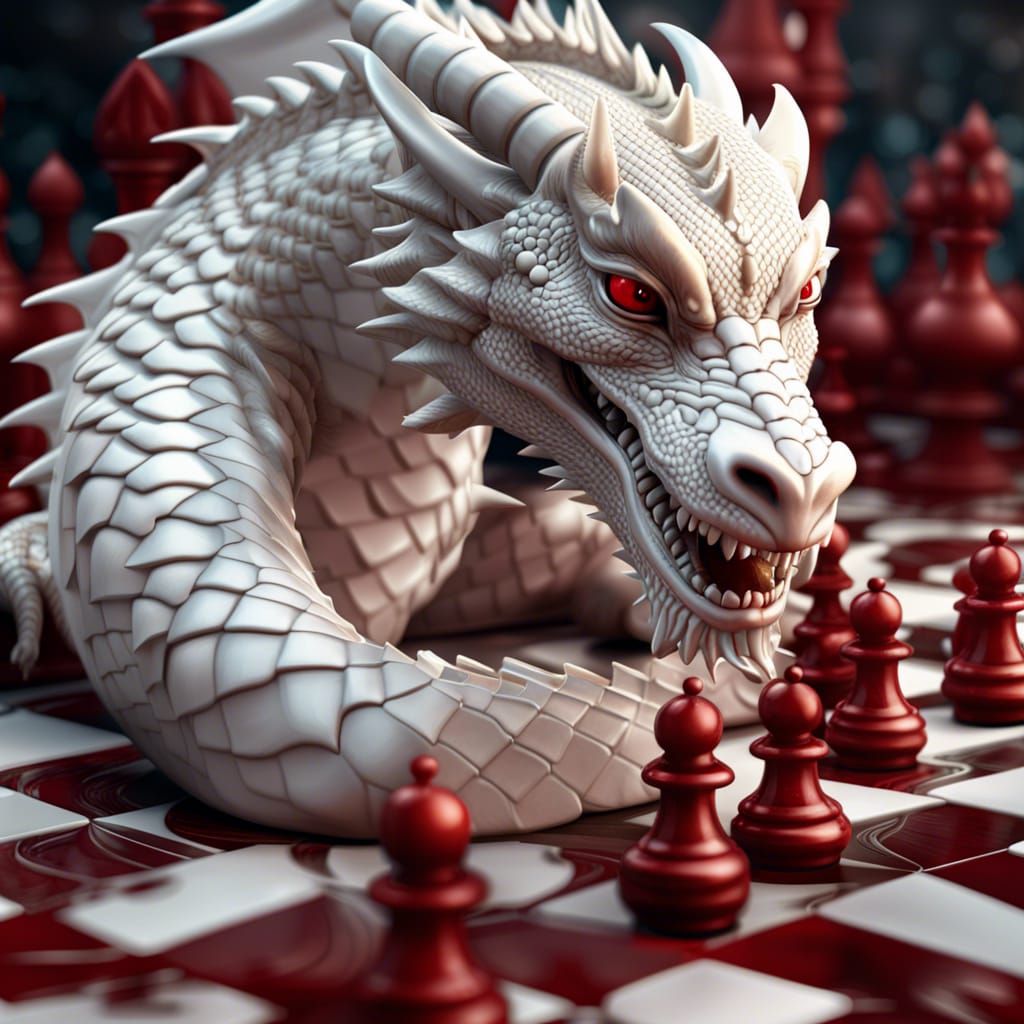 White Queen Dragon on Red Dragon Chess Set