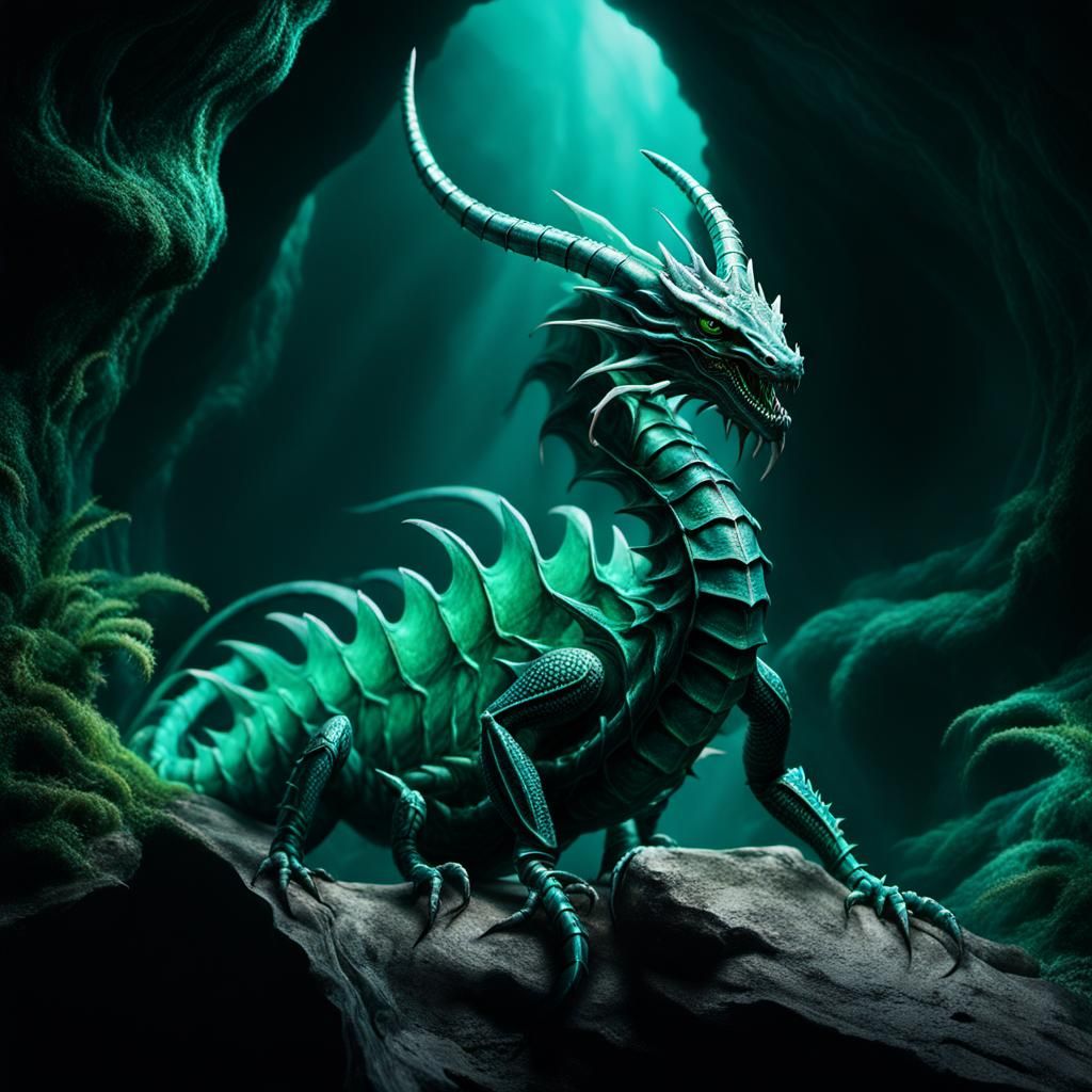 Biomechanical Dragon-Scorpion in a Mystical Cave