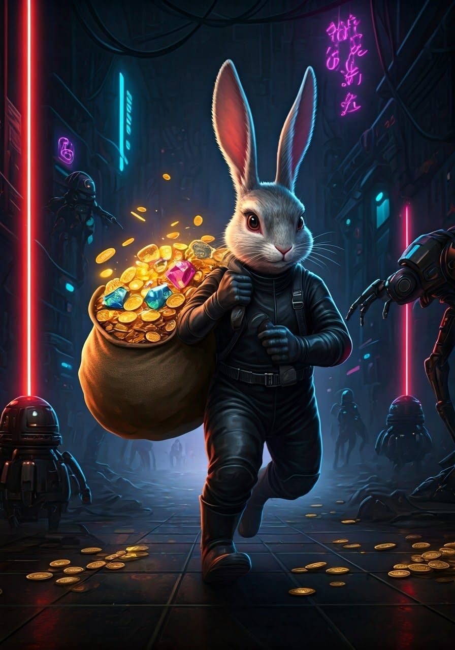 Sleek Thief Evades Dystopian Robots in a Neon-Lit Heist