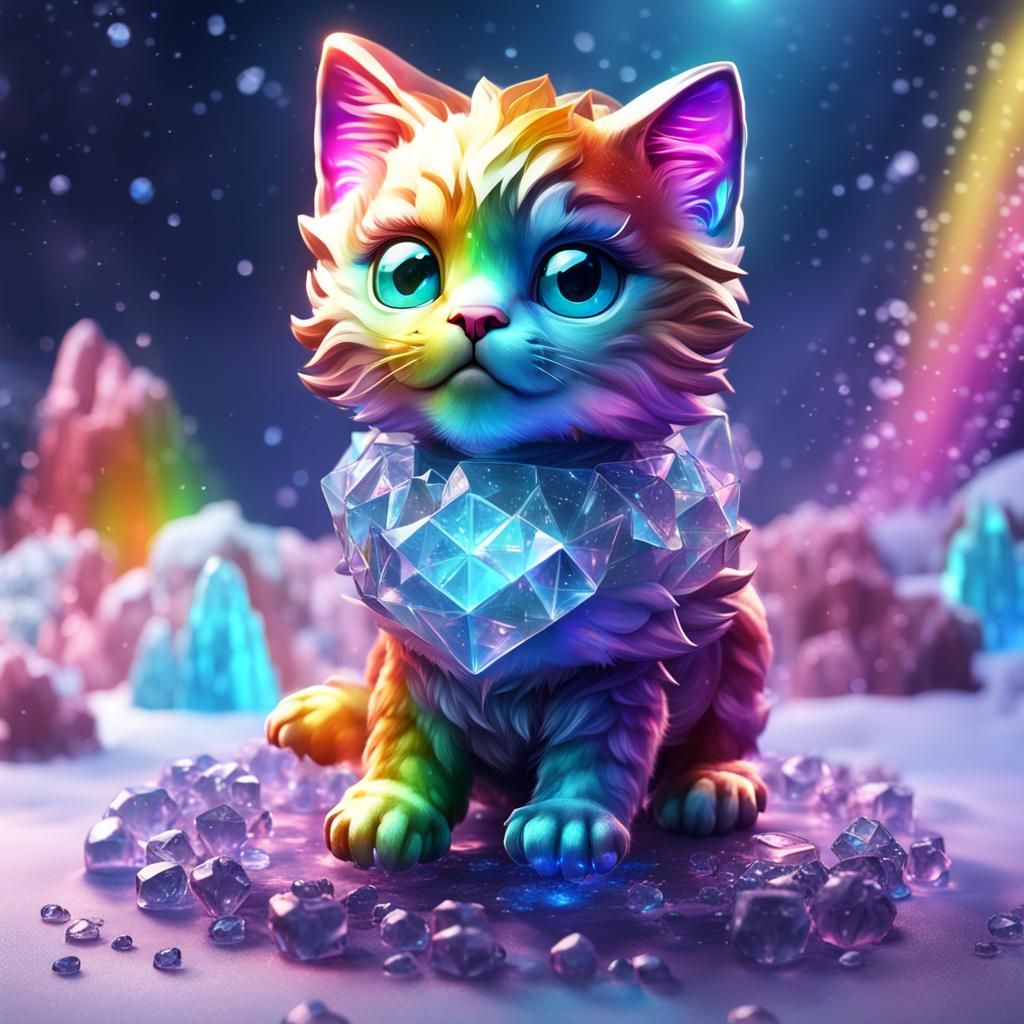 Rainbow Kitten Ice Sculpture: Detailed Fantasy Art
