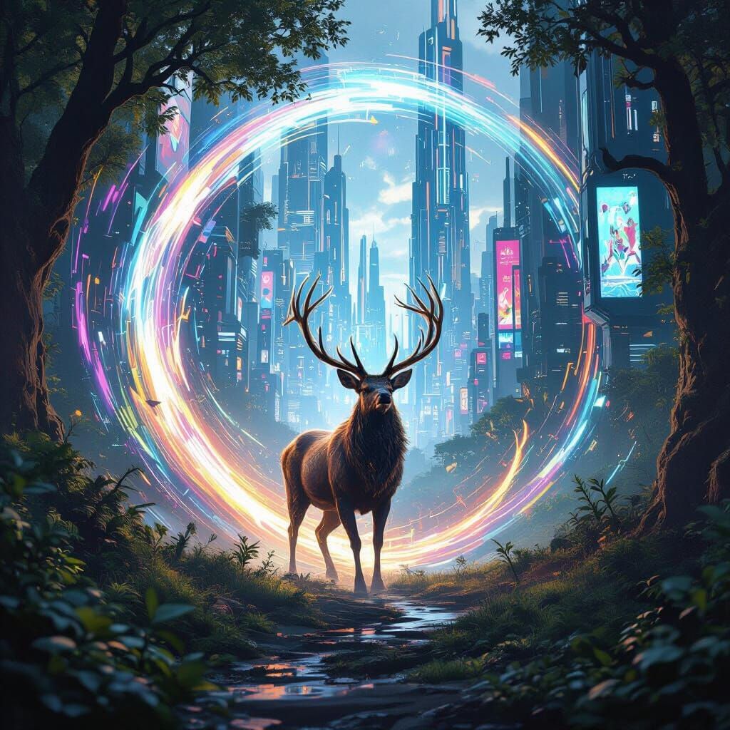 Majestic Stag Emerges from Temporal Vortex into Future City