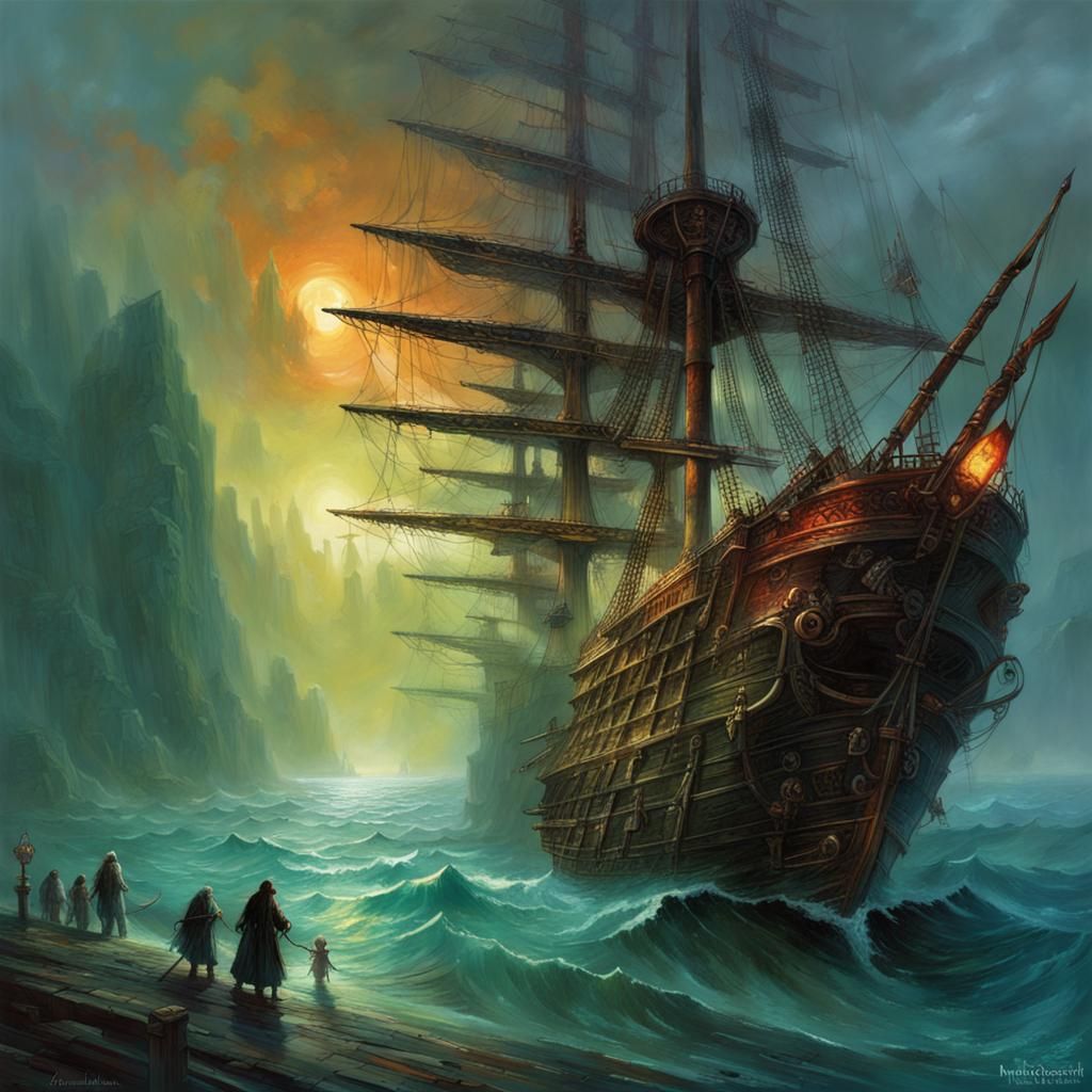 Eerie Ghost Ship Painting in Dark Fantasy Style