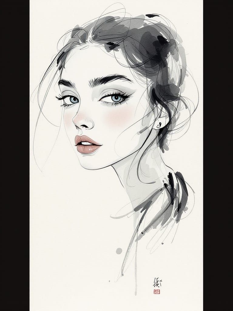 Expressive Ink Portrait in Sumi-e and Schiele Style