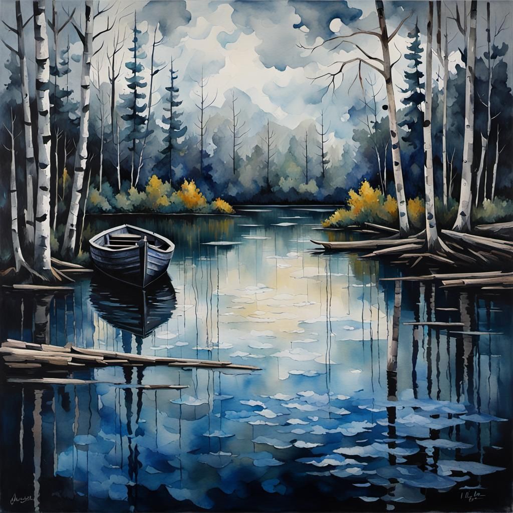 Wrecked Boat on Lake in Impressionistic Style