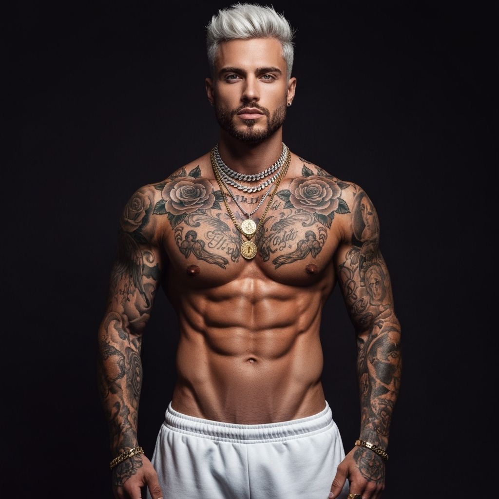 Striking Muscular Male Model with Tattoos on Black