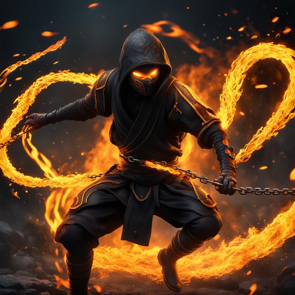 Evil Fire Ninja with Chain in Detailed Matte Painting