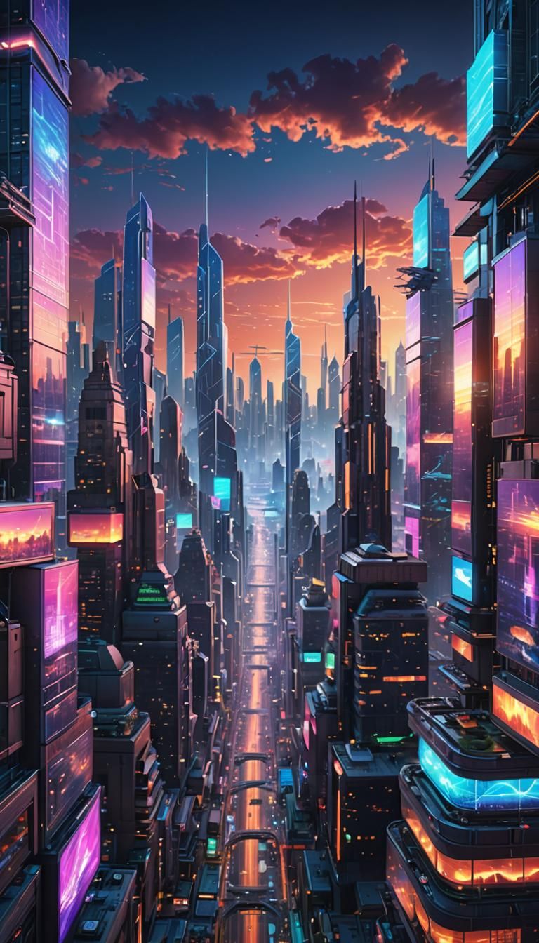 Futuristic Cityscape Dawn Holograms