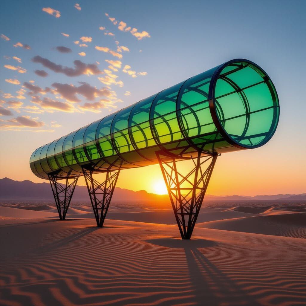 Surreal Desert Tube Architecture at Sunset