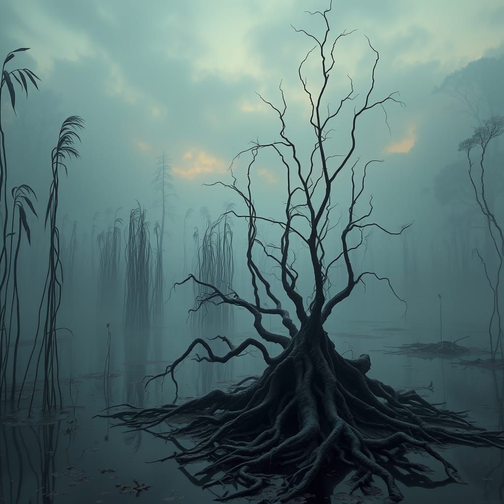 Dark, Mysterious Wetland at Dusk