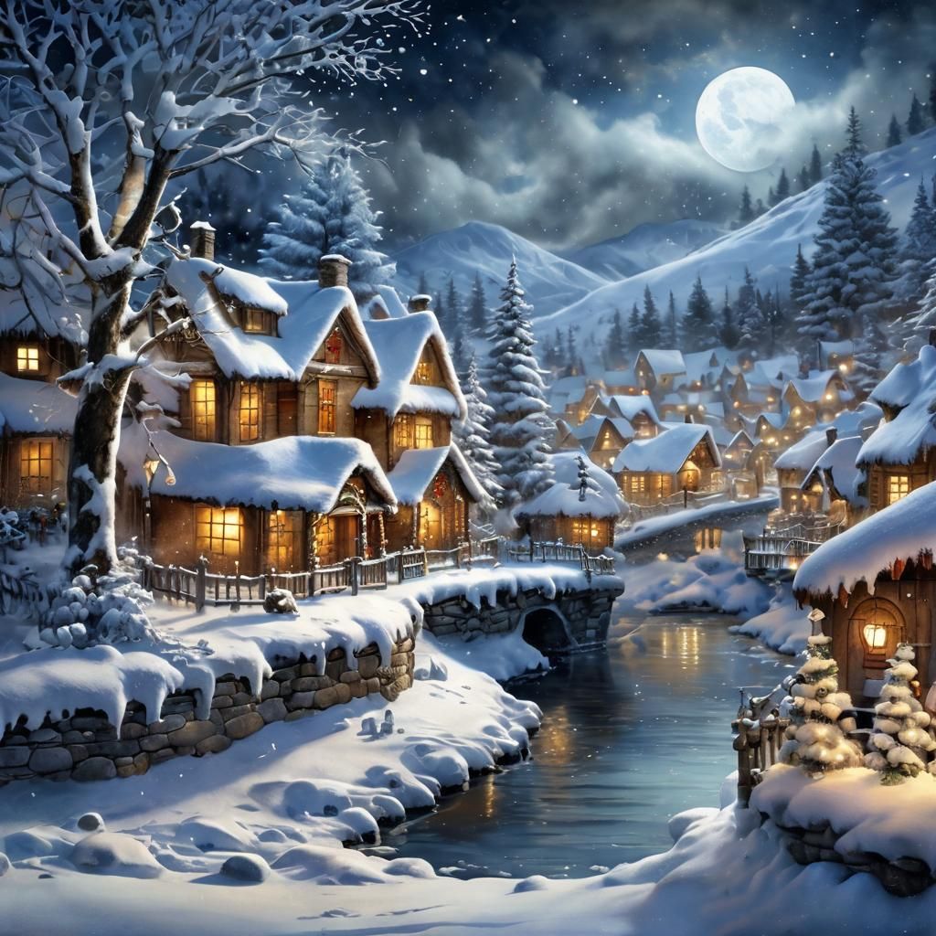 Enchanting Snow-Covered Christmas Village in Watercolor