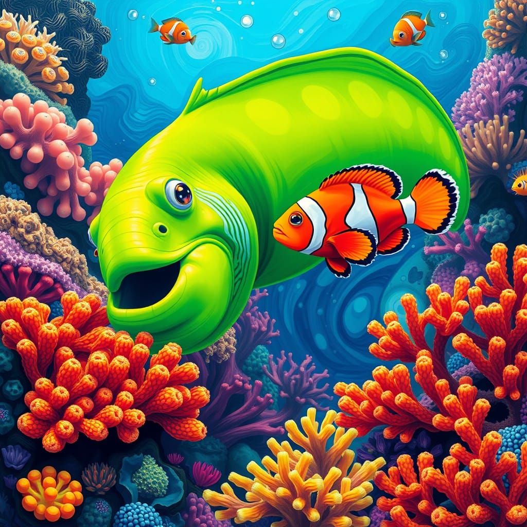 Neon Eel and Clownfish in Coral, Pop Art Style
