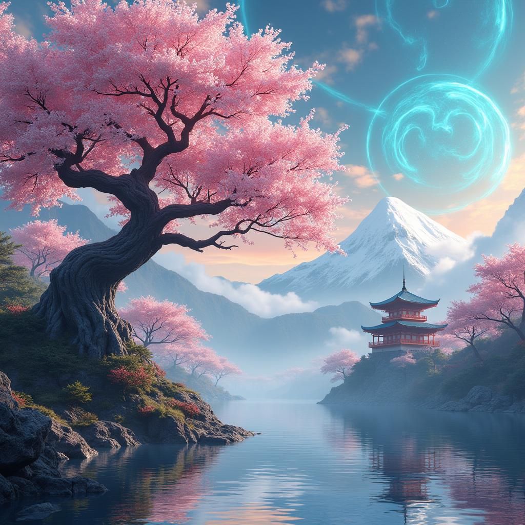 Sakura Tree on Sky Island in Fantasy Landscape