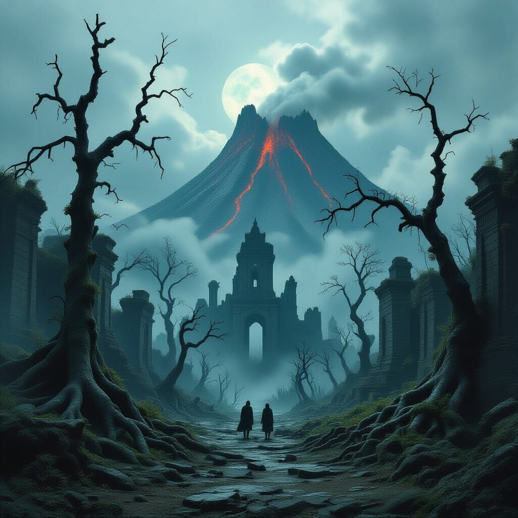 Horror Landscape with Dead Trees and Ancient Ruins