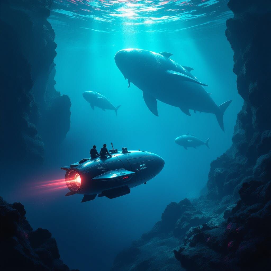 Futuristic Submersible in Alien Deep Sea Trench