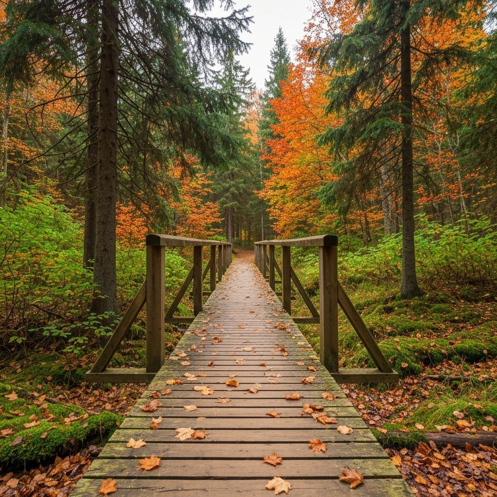 Autumn Forest Footbridge Amidst Vibrant Foliage