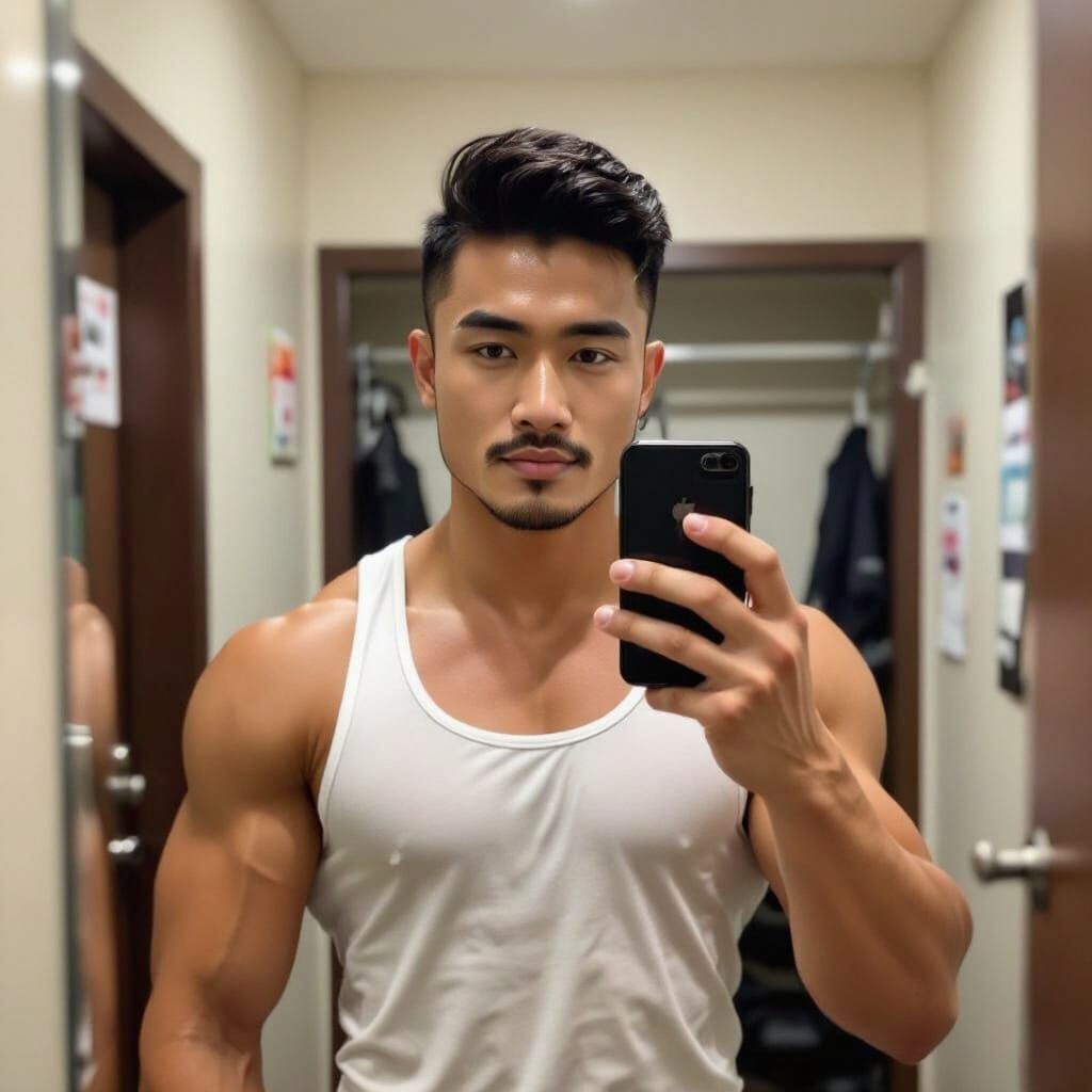 Muscular Indonesian Man Takes Gym Selfie in Neon Room