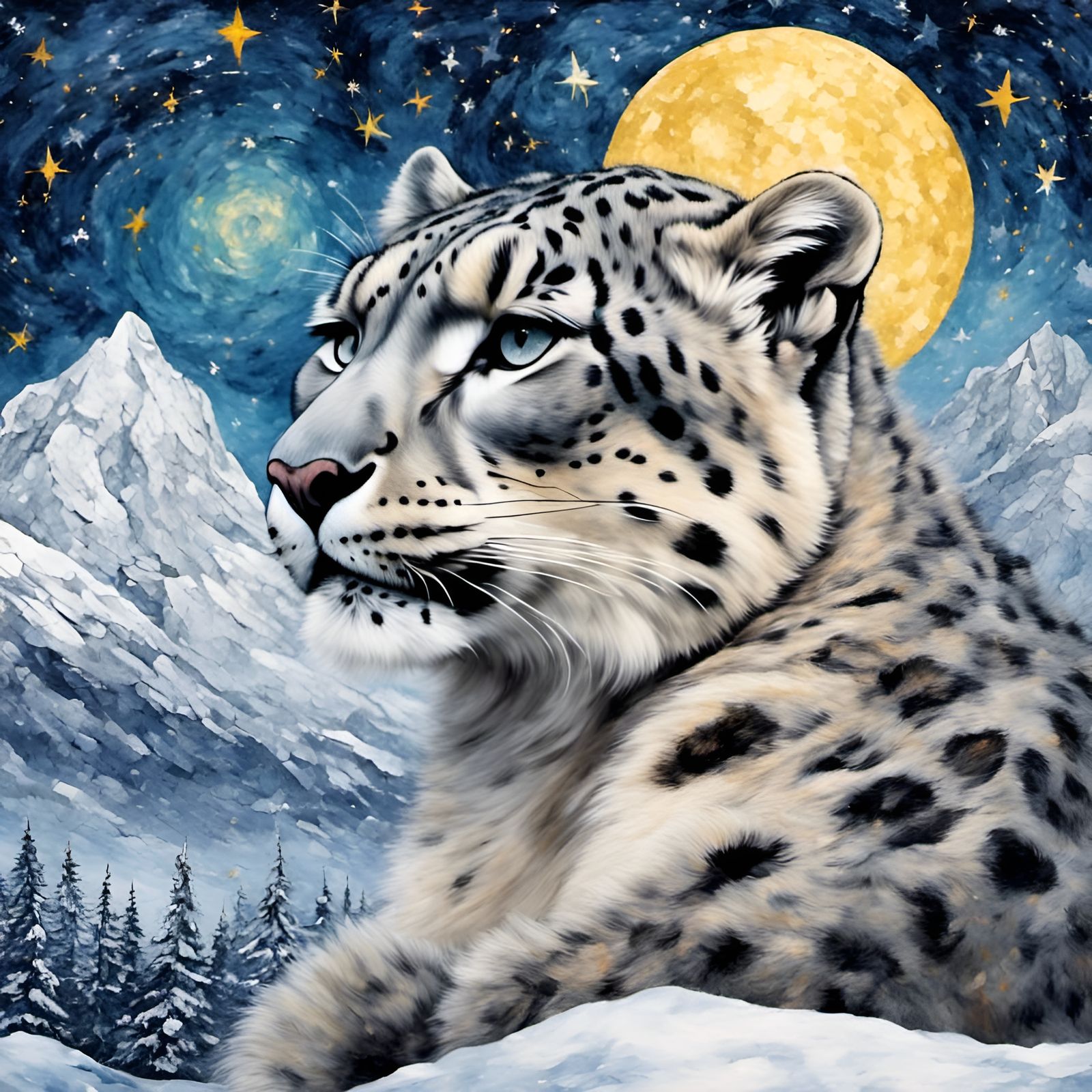 Snow Leopard in Starry Night Snowy Mountains