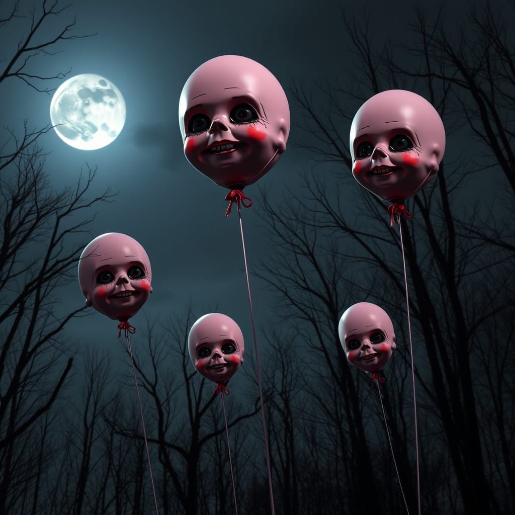 Eerie Doll Balloons Float in Barren Forest