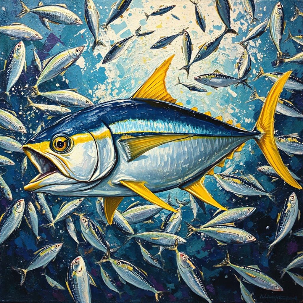 Tuna in Turbulent School, in Expressive Impasto Style