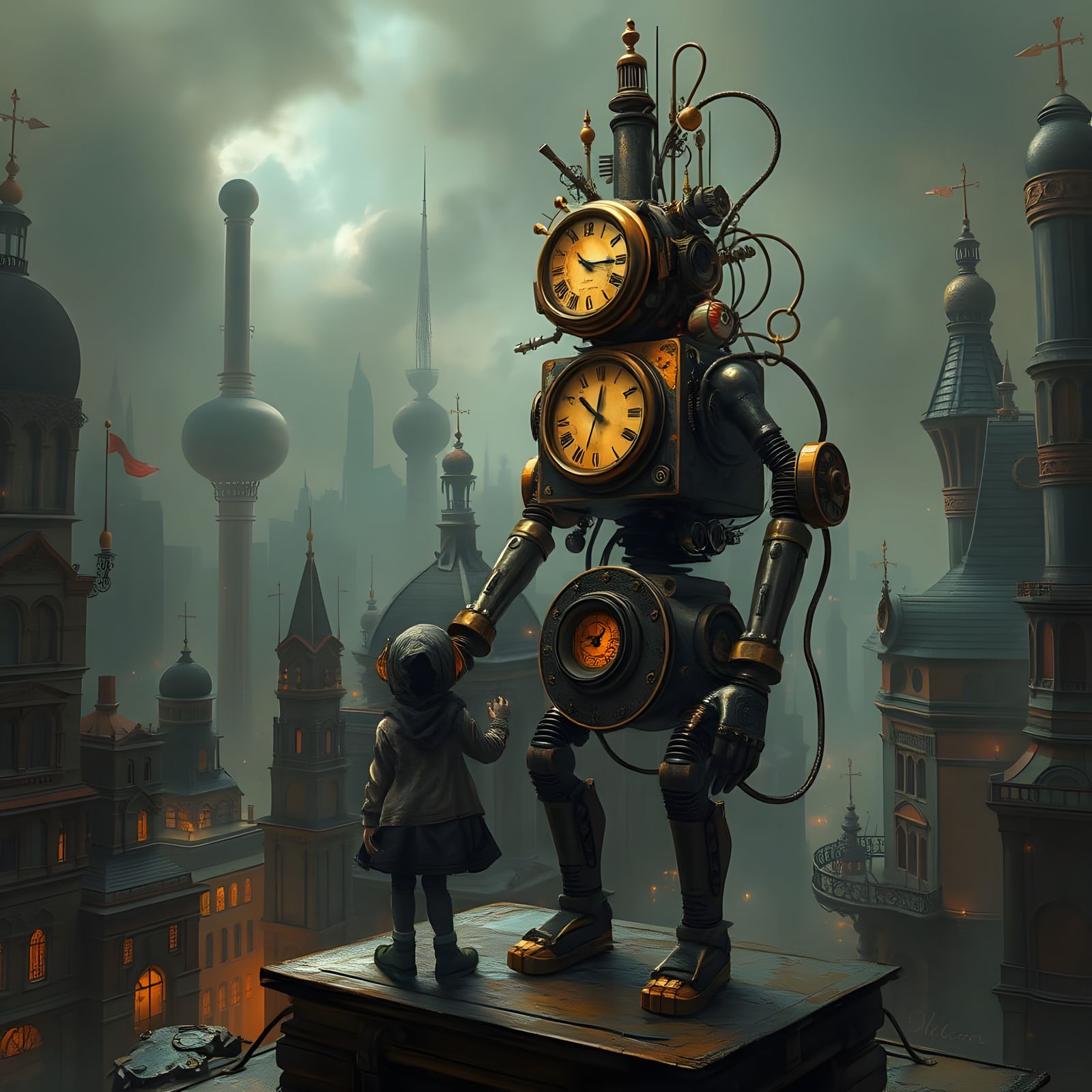 Steampunk Robot Guides Girl in Clockwork City