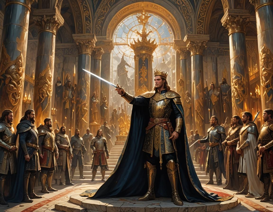 A regal young king with intricate, ornate attire and a strong jawline, stands among his peers, sword in hand pointing at...