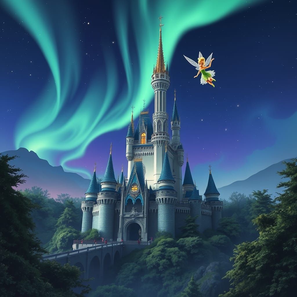 Disney Castle Under Northern Lights, Cinematic Lighting