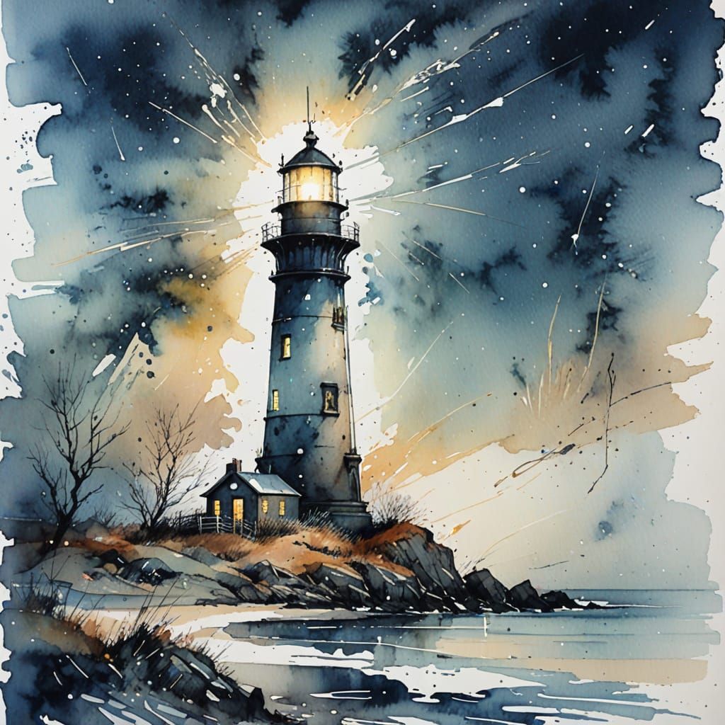 Lighthouse Silhouetted Against Starlit Winter Sky