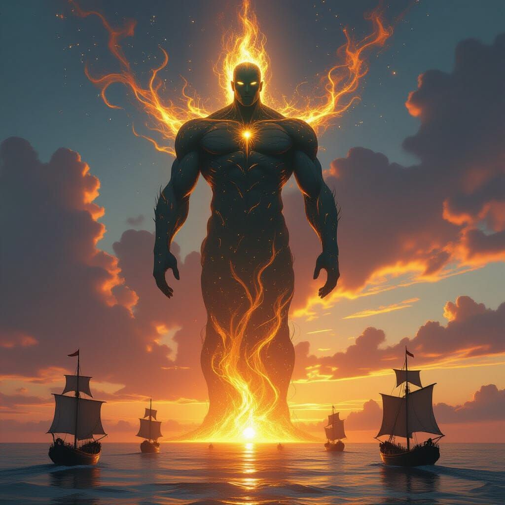 Living Light Colossus Ascends Over Sea at Dawn
