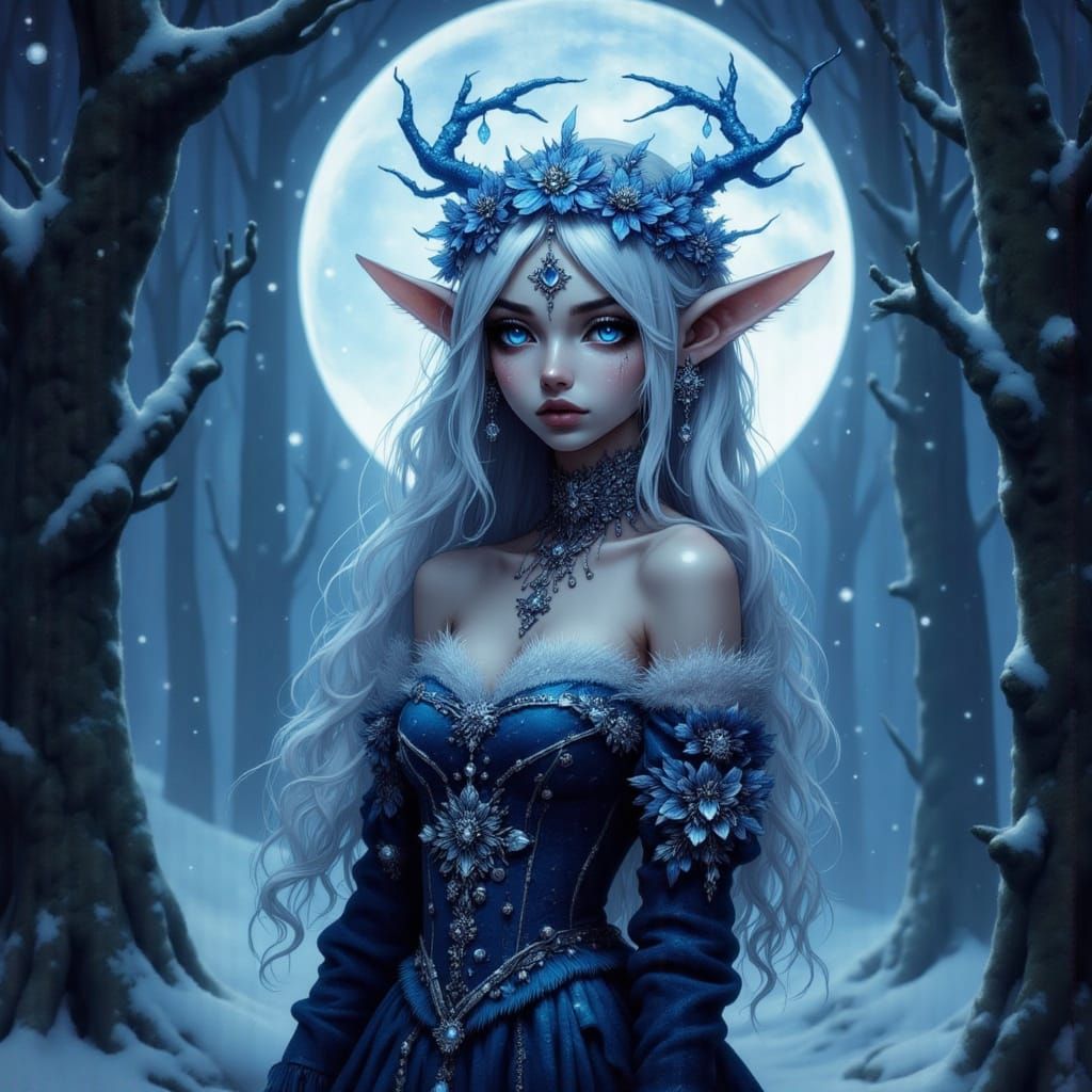 Ethereal Winter Fae Princess in Moonlit Forest