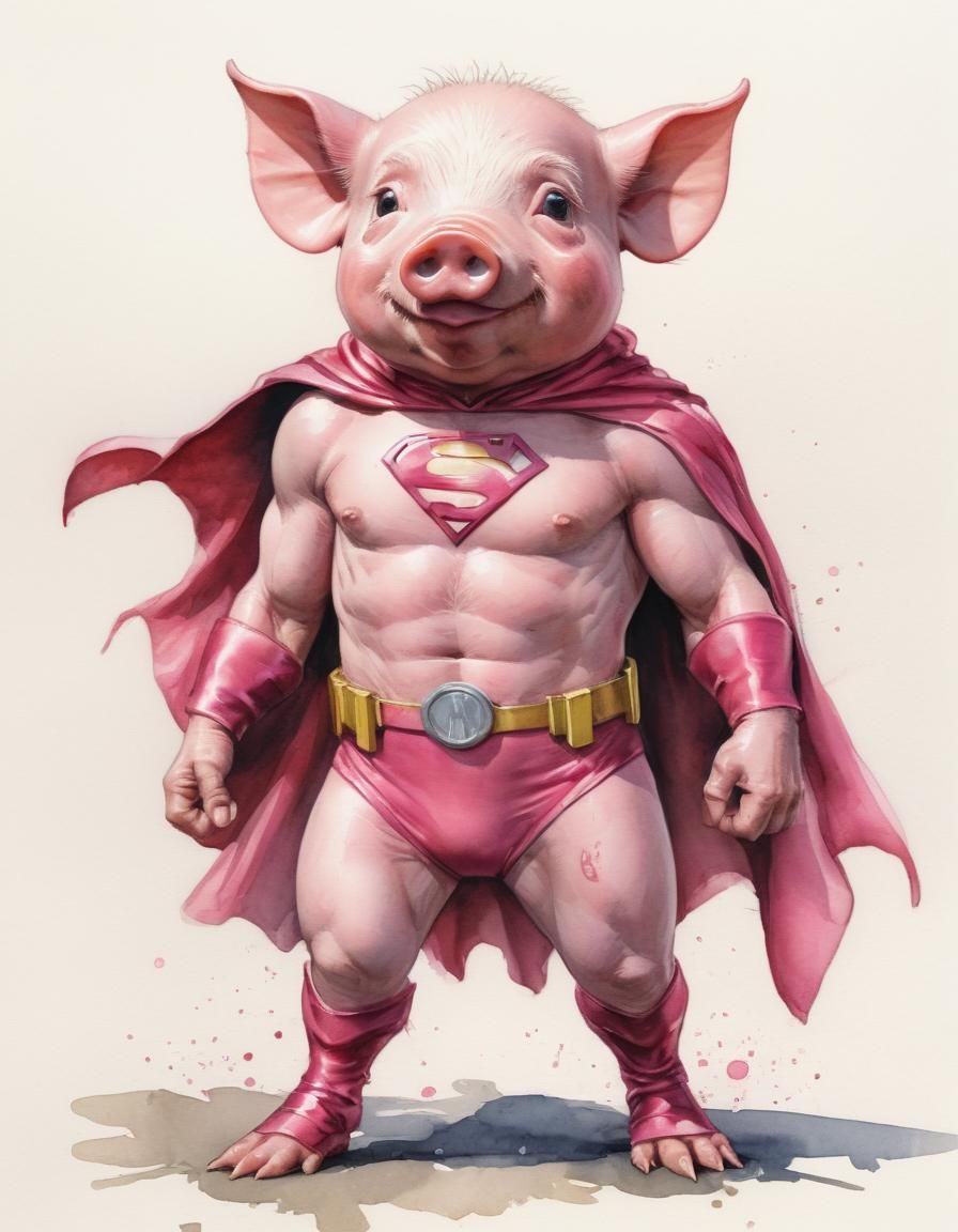 Superhero Piglet in Watercolor Comic Style
