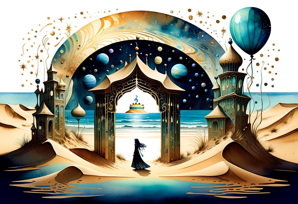 Surreal Desert Birthday Cake: A Digital Watercolor Dreamscap...