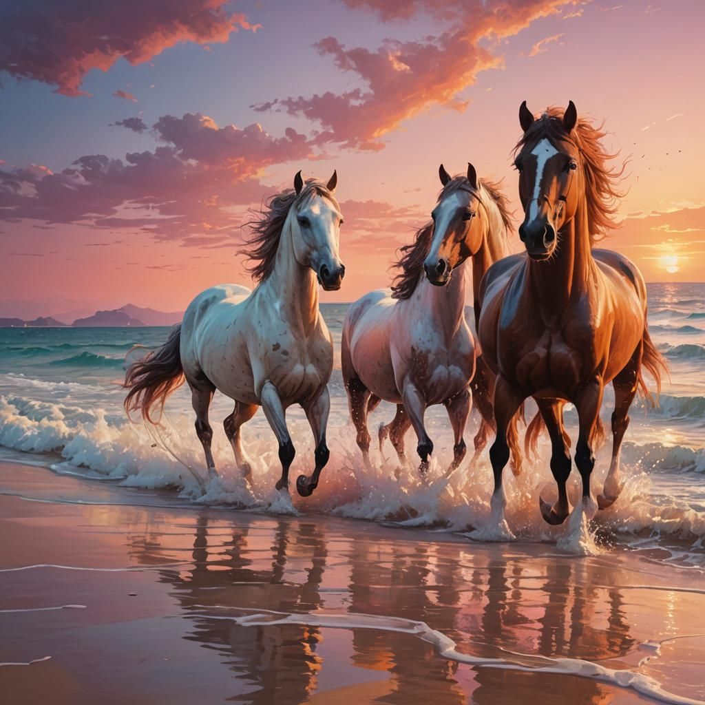 Sardinian Beach Sunset with Horses: Hyperrealistic Splash Ar...