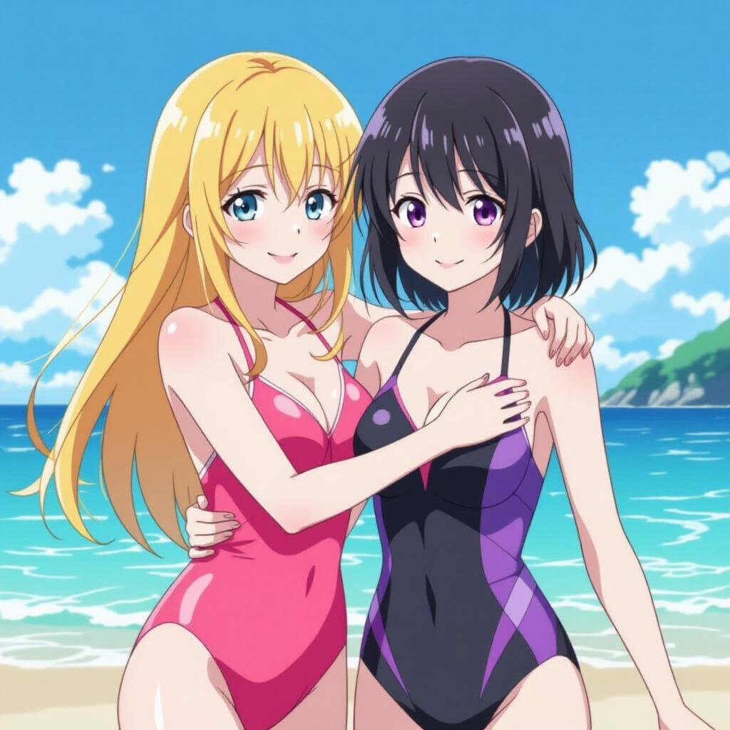 Anime Girls Embrace on Vibrant Beach in Anime Style