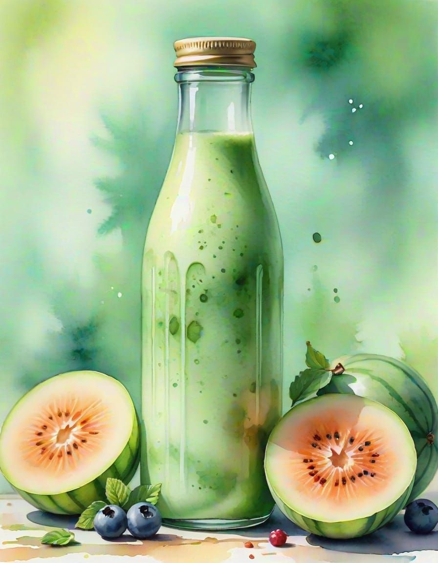 Light Green Melon and Berry Smoothie in Watercolor