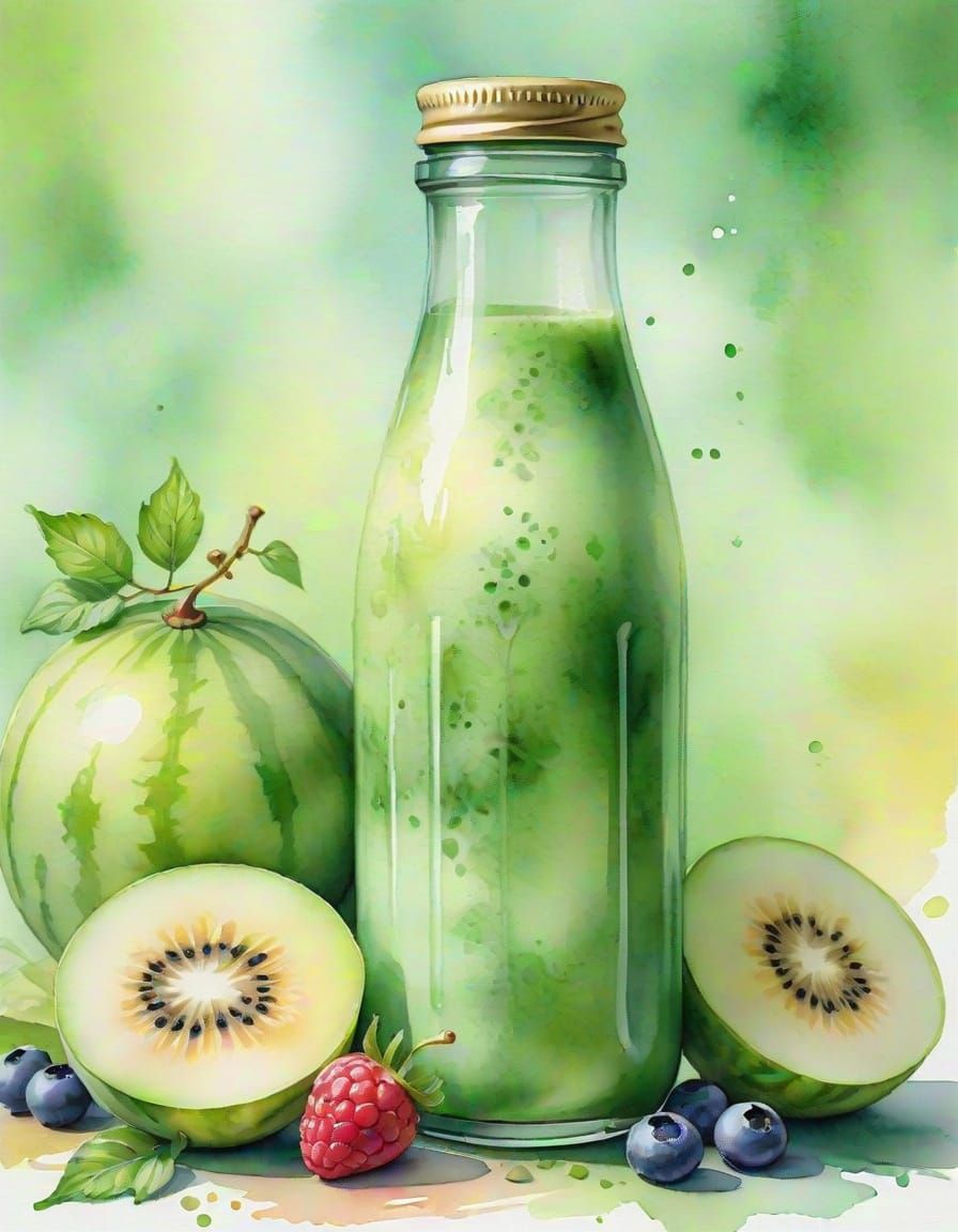 Watercolor Painting of Melon and Berry Smoothie