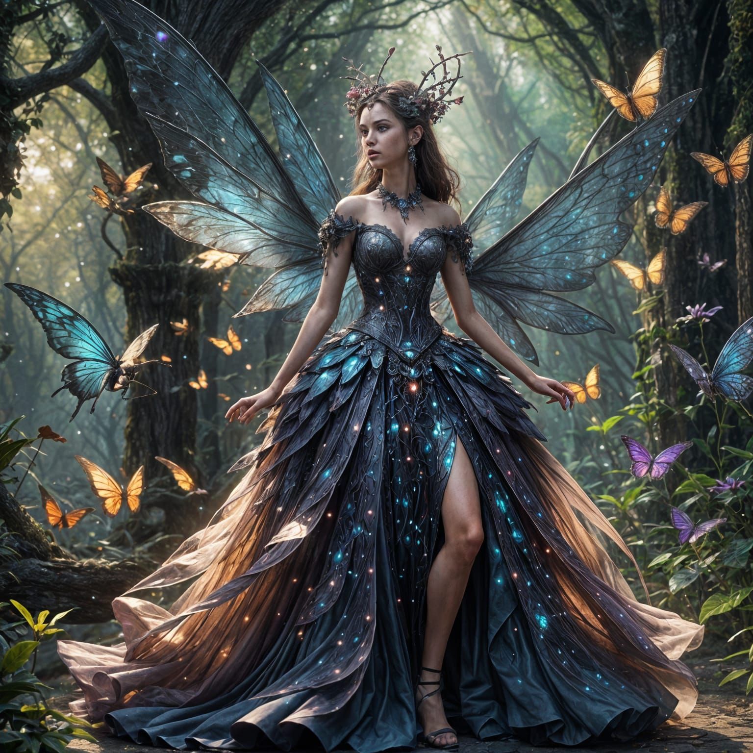 Opalescent Dreamweaver: Dark Fairy in Crystalline Ballgown
