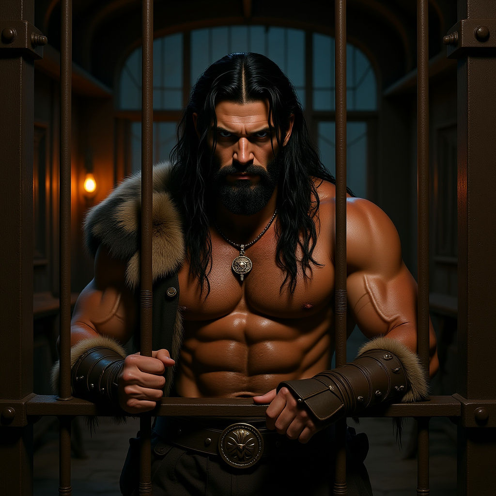 Captive Man in Ancient Carnival at Night