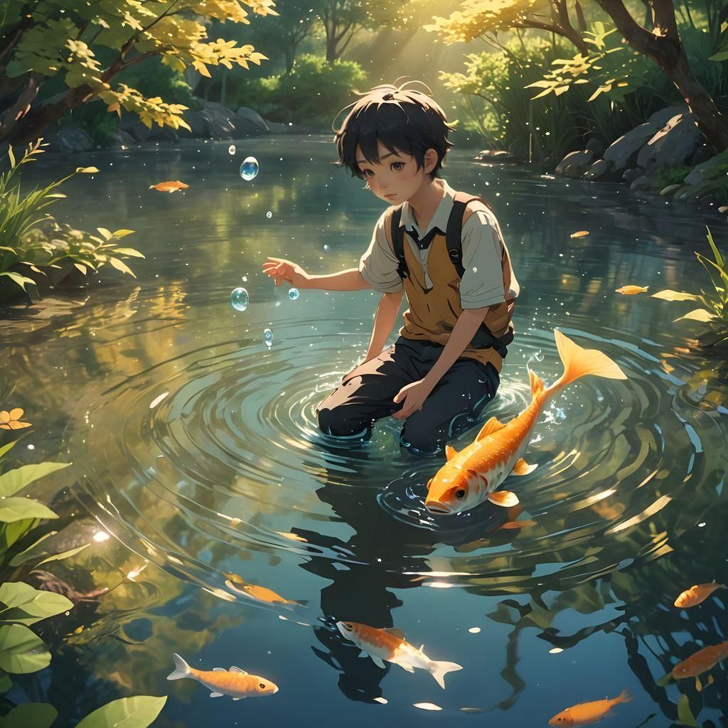 Fish Human Chase in Anime Style Lake
