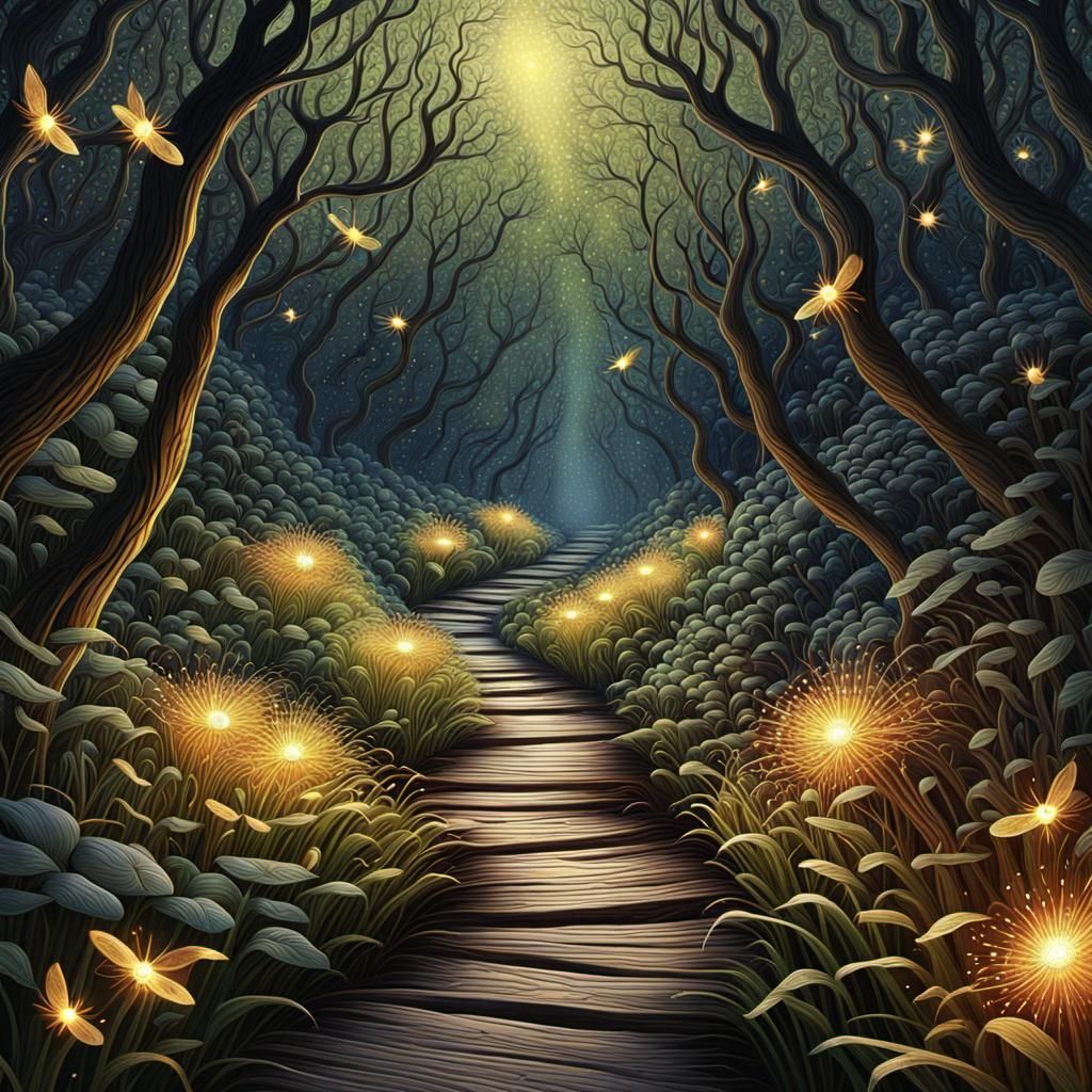 Surreal Pathway with Shadow and Fireflies