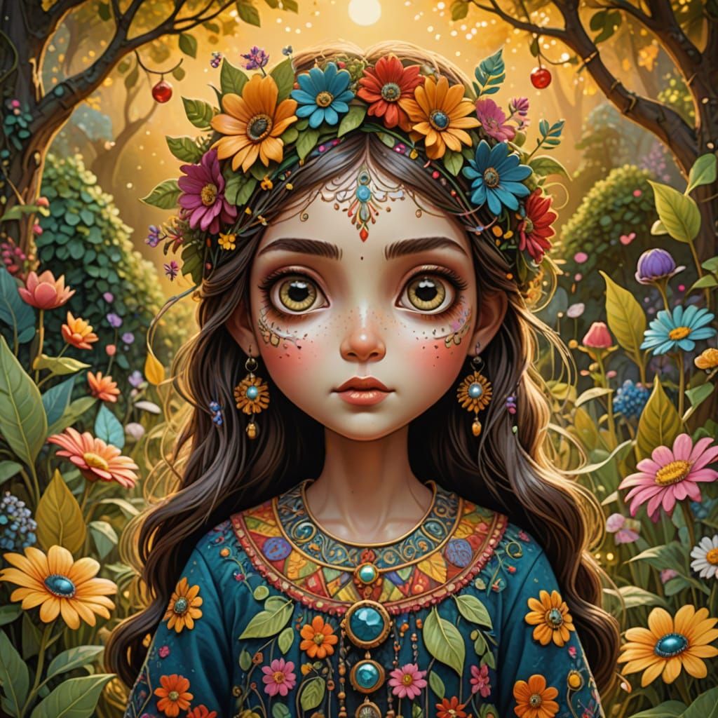 Fantastical Bohemian Goddess in Vibrant Garden Setting