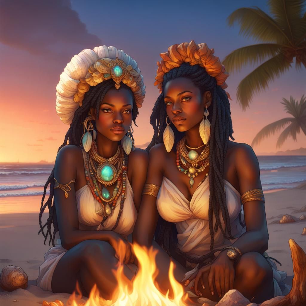 Oshun and Yemaya: Beach Campfire Portrait